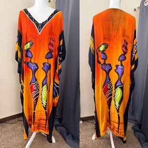 Sante Classics Kaftan Dress One Size Orange Rayon Graphic Print Bohemian Caftan
